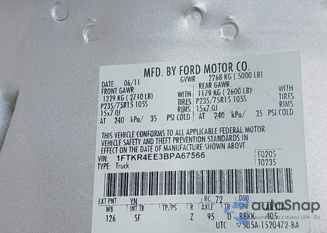 2011 Ford Ranger Sport/Xlt from USA, damaged, VIN 1FTKR4EE3BPA67566